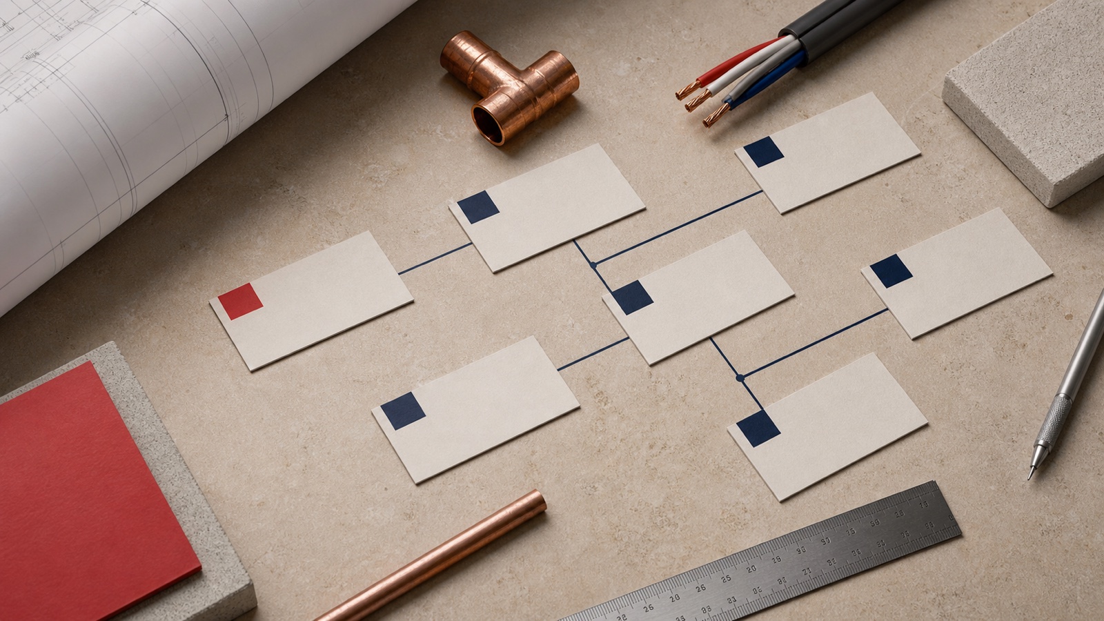 Bau- und HLKS-Team visualisiert einen operativen Prozess zwischen Büro und Baustelle